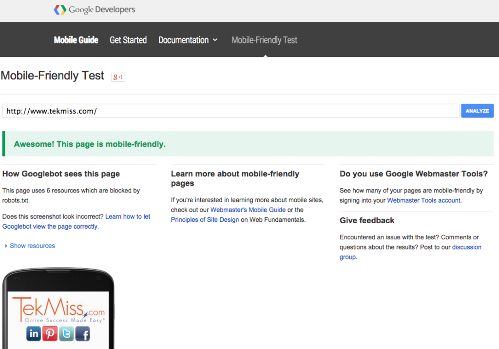 tekmiss - google mobile friendly website
